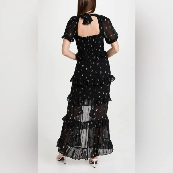 WAYF Cici Bustier Tiered Maxi Dress in Black Ditsy, Size Small - Picture 4 of 10